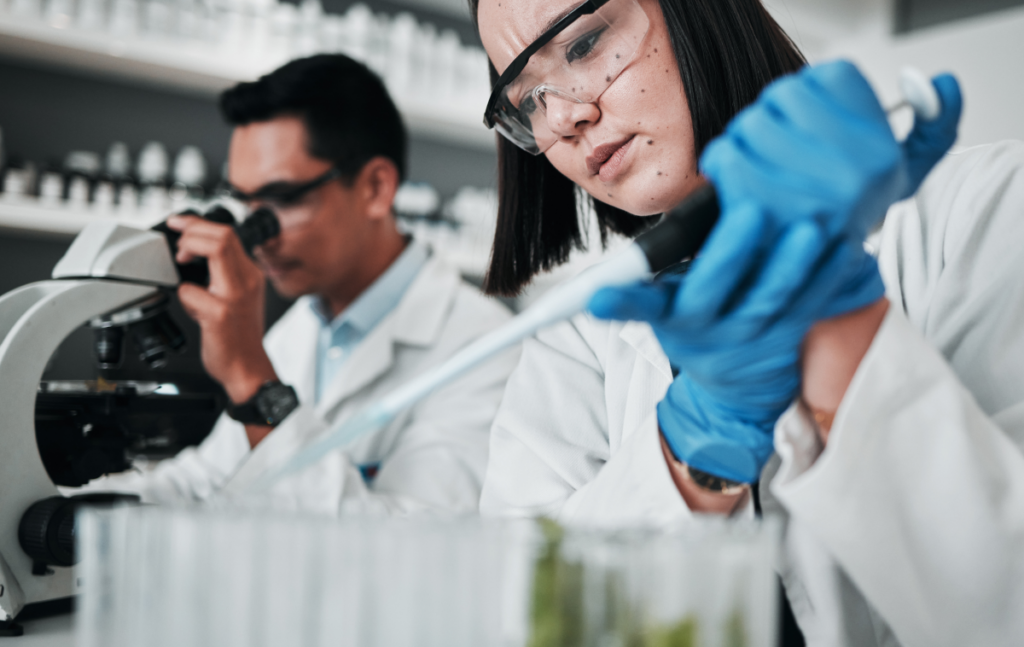 Duas pessoas trabalham em um laboratório com um microscópio. Agronomia.