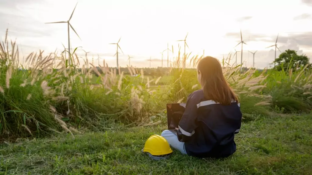 moça engenheira sentada no chão com computador em campo eólico